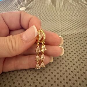 Gold-Tone Triple Crystal Drop Huggie Hoops